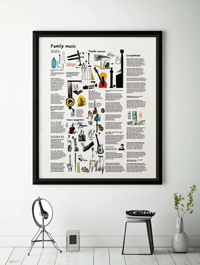 A framed poster titled "Family Music" is the focal point. The poster is a collage of musical instruments, handwritten notes, and sketches, creating a scrapbook-like aesthetic.  Black and white dominates, with pops of color in the illustrations.  Surrounding the poster are minimalist décor elements: a tripod lamp, a small box, and a small black side table with a keyboard-like object. A vase with greenery completes the scene, which is set against a white wall and floor. The overall style is modern and eclectic.