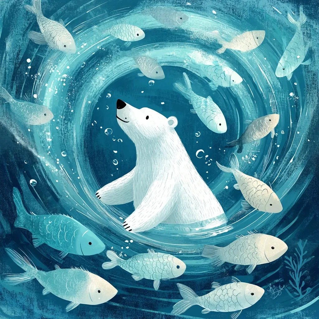 A polar bear, depicted in a whimsical, painterly style, is centrally positioned in a swirling underwater scene.  Numerous light teal fish encircle the bear, creating a sense of movement and energy. The water is textured, conveying a sense of depth and fluidity. The overall palette is cool, with blues and whites dominating, enhancing the underwater theme. The illustration is charming and evokes a feeling of tranquility within a dynamic environment.
