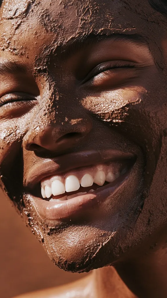 Close-up of a person's face covered in a thick, dark brown mud mask.  Their eyes are closed, and they are smiling widely, revealing bright, white teeth. The texture of the mask is rough and visibly cracked in places. The skin tone is dark brown, and sunlight illuminates the scene, highlighting the contrast between the mask and the skin. The overall impression is one of relaxation and self-care.