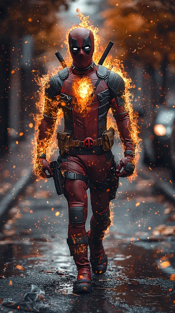 Here's a description of the image:

The image is a striking depiction of Deadpool, engulfed in flames, walking down a rain-slicked city street.  His iconic red and black suit is ablaze, with fire seemingly emanating from within, particularly concentrated around his chest.  He carries his signature katanas and holstered weapons. The overall atmosphere is dark and gritty, contrasting the intense orange and yellow of the flames.  The background suggests a blurry, urban setting, emphasizing the dramatic focus on Deadpool's fiery form. The image has a highly stylized, almost cinematic, quality.