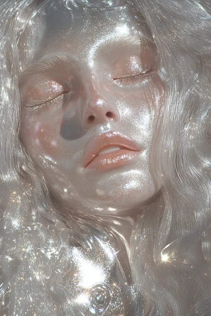 Here is a description of the image:

Close-up view of a face seemingly coated in a shimmering, pearlescent substance.  The model's eyes are closed, and her expression is serene. The texture appears wet or oily, reflecting light in a dazzling way, giving the impression of glitter or iridescent paint.  The model has long, flowing, light-colored hair that blends seamlessly with the glistening substance on her face and neck. The overall aesthetic is ethereal and dreamy, with a strong emphasis on light and texture. The image evokes a feeling of otherworldliness or fantasy.