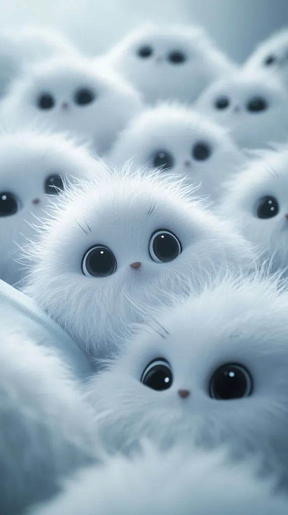 Here's a description of the image:

The image shows a cluster of adorable, fluffy, white creatures, possibly animated characters or digital creations.  They are densely packed together, with large, expressive dark eyes that dominate their faces.  Their fur appears incredibly soft and voluminous. The focus is on a few in the foreground, while others blur softly into the background, creating a sense of depth and a cuddly, overwhelming mass of fluffiness.  The overall color palette is muted, with soft whites and light blues. The overall impression is one of overwhelming cuteness and softness.