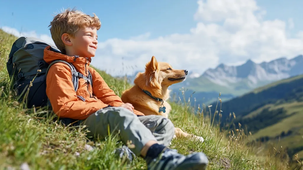 A young boy with a backpack sits on a grassy mountainside, enjoying the view with his golden-colored dog.  The boy wears an orange jacket and gray pants, while his canine companion rests calmly beside him.  Mountains rise in the background under a bright, partly cloudy sky. The scene conveys a feeling of peaceful adventure in a natural setting.