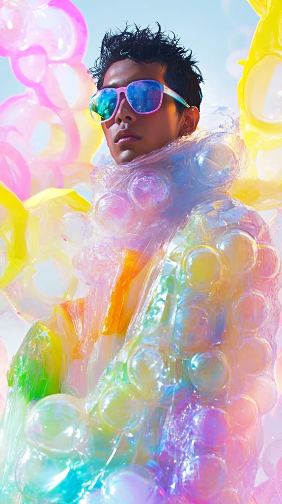 Here's a description of the image:

A young man with dark hair, wearing pastel pink sunglasses, is enveloped in a shimmering, iridescent plastic bubble wrap-like material.  The wrap is primarily pastel pink, yellow, and blue, creating a dreamy, surreal effect.  The background is a bright, out-of-focus sky. The overall aesthetic is vibrant, playful, and slightly otherworldly. The image appears to be a fashion or artistic photograph.