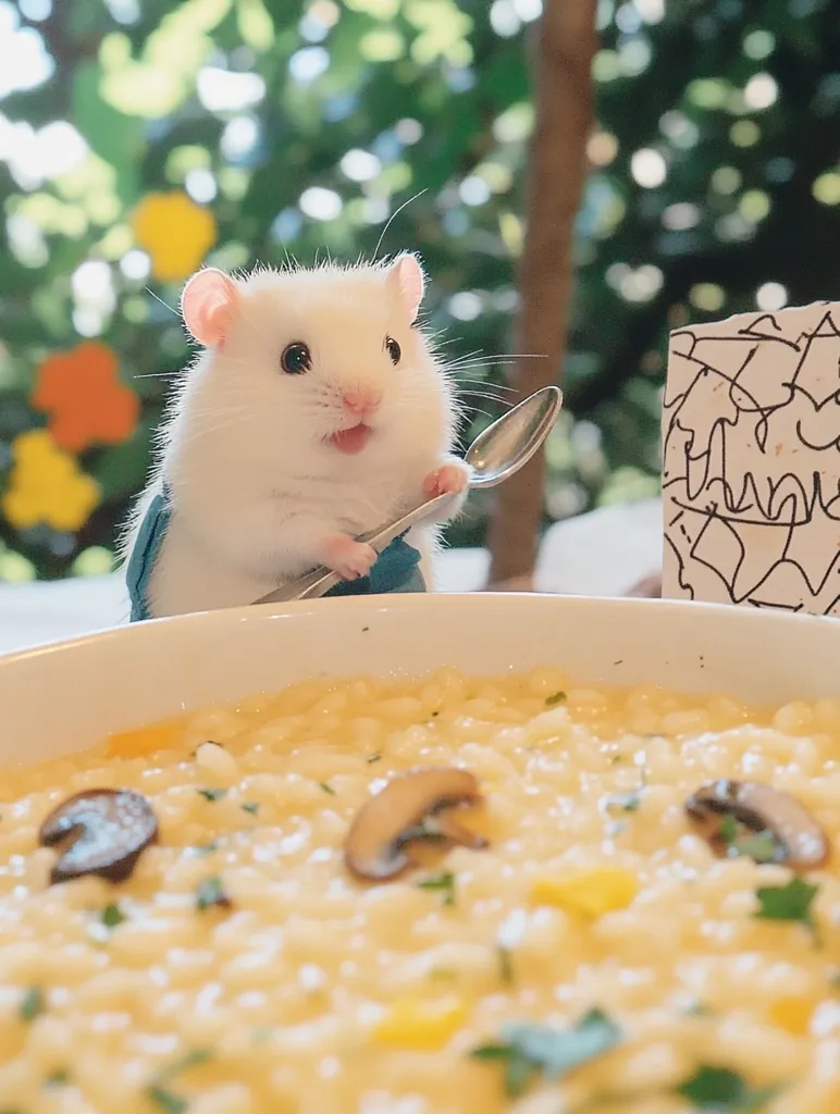 Here is a description of the image:

An adorable white hamster, wearing a tiny blue outfit, sits attentively before a bowl of creamy risotto.  The hamster holds a small spoon, appearing ready to eat. The risotto is garnished with sauteed mushrooms and herbs. The background is softly blurred, suggesting an outdoor cafe setting with green foliage.  The overall scene is charming and whimsical, highlighting the contrast between the tiny hamster and the generous portion of food.
