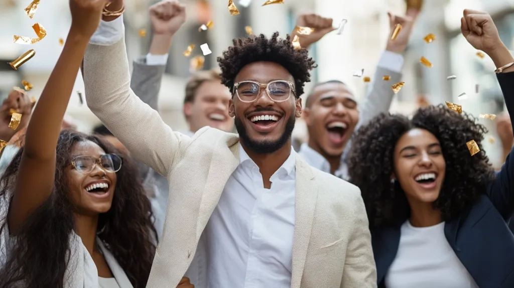 A jubilant group of young professionals celebrates amidst falling gold confetti.  A man in a beige blazer, glasses, and a broad smile is at the center, his arms raised in triumph with colleagues surrounding him, all equally joyous and expressive.  The scene is vibrant with energy, suggesting a shared success or momentous occasion.  Women with long, dark hair and glasses are prominent in the foreground, their smiles mirroring the overall elation.