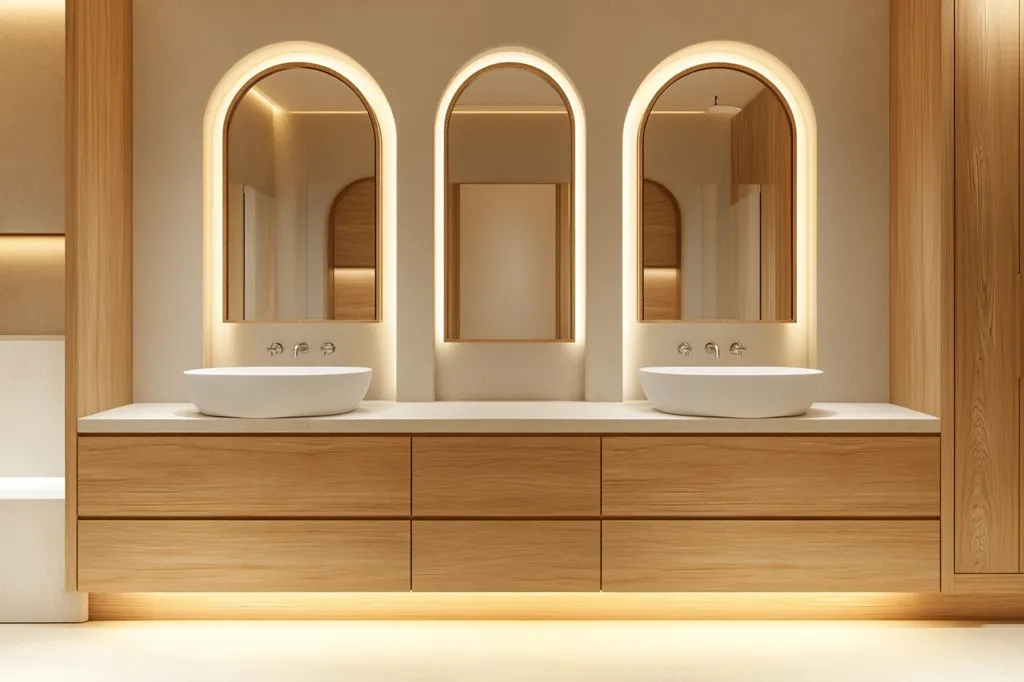 Here's a description of the image:

The image showcases a modern, minimalist bathroom vanity.  A light beige wall serves as a backdrop to a light wood vanity with three arched mirrors illuminated by warm, indirect lighting.  Two sleek, white undermount sinks rest atop the vanity, which features clean lines and ample storage.  The overall aesthetic is serene and sophisticated, embodying a calming spa-like atmosphere.  The wood cabinetry extends to the walls, creating a unified design. The lighting subtly highlights the vanity and mirrors, accentuating their elegant forms.
