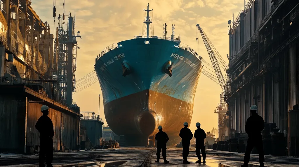 A large cargo ship, the "Aframax Suezmax," dominates the center of the image, docked in a shipyard at sunset.  Its teal and brown hull contrasts with the dark silhouettes of industrial structures lining the dock.  Several workers in hard hats stand in the foreground, their figures stark against the warm light.  The scene depicts the scale of maritime industry and the human element within a vast industrial setting.  Cranes and scaffolding add to the imposing industrial landscape.
