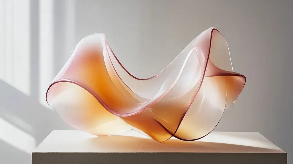 Here is a description of the image:

A translucent glass sculpture, resembling a flowing, abstract form, sits on a minimalist white pedestal.  The piece is predominantly white and off-white, with gradients of warm peach and rose tones subtly layered throughout.  The curves and folds of the glass create a sense of movement and fluidity, resembling swirling fabric or a flowing liquid. The light catches the glass, highlighting its delicate translucence and highlighting its subtle color variations. The background is a simple, neutral tone, allowing the sculpture to be the focal point.