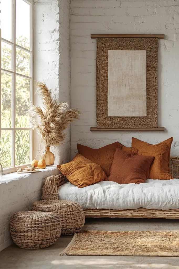 A sunlit corner features a woven daybed with rust-colored cushions, resting on a light beige woven rug.  Two woven ottomans sit nearby. A large woven wall hanging with a cream-colored center piece hangs above the daybed. Dried pampas grass in a glass vase adds a touch of natural texture on a windowsill beside a small bowl of oranges.  The overall aesthetic is minimalist and bohemian, emphasizing natural textures and earth tones within a white-brick room.