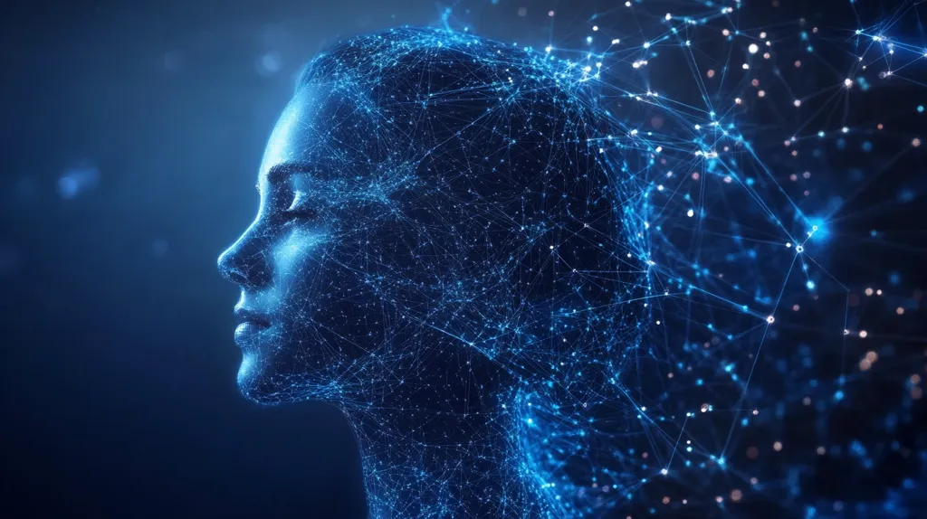 The image is an abstract digital rendering of a woman's face in profile.  Her features are formed by a constellation of glowing blue nodes and connecting lines, resembling a network or neural pathways. The background is a dark blue, with a similar network extending outward from the head, suggesting connectivity and data flow. The overall effect is ethereal and evokes themes of artificial intelligence, digital consciousness, or the interconnectedness of information.