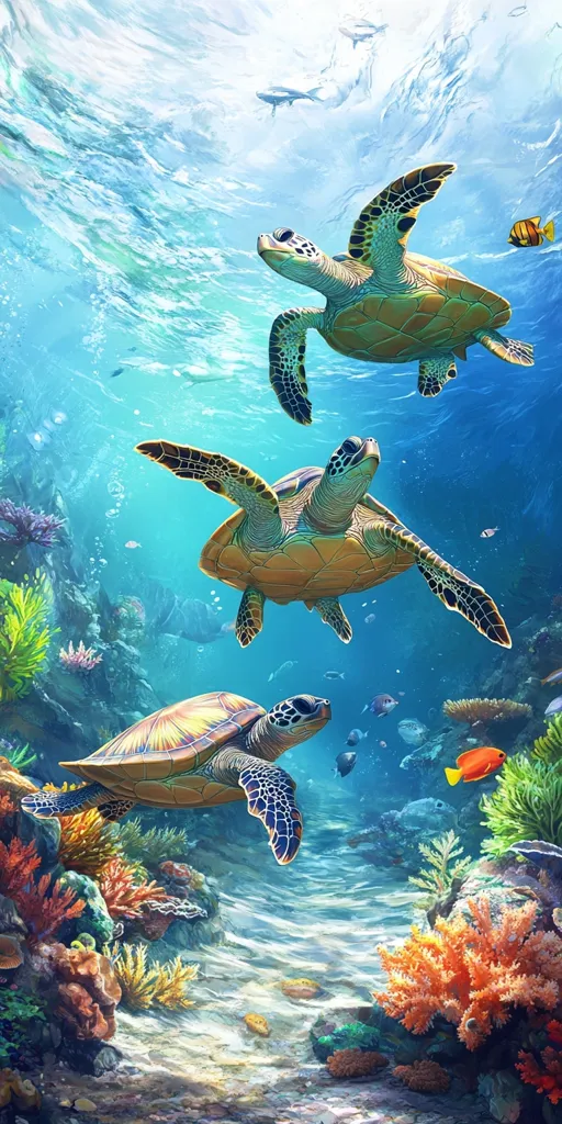 Here's a description of the image:

The image is a vibrant underwater scene showcasing three sea turtles gracefully swimming amidst a coral reef. The turtles, with their detailed shells and flippers, are the focal point, positioned at varying depths.  The water is a clear turquoise, with sunlight filtering from above.  Various colorful fish and coral formations add to the rich marine environment.  The overall impression is one of serene beauty and the vibrancy of an ocean ecosystem.