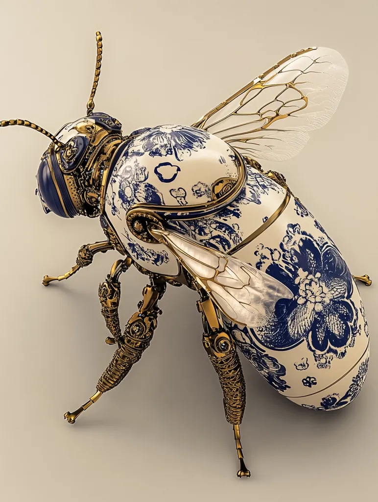 Here's a description of the image:

The image showcases a meticulously crafted steampunk-style bee. Its body is an elegant porcelain design featuring a blue and white floral pattern reminiscent of Chinese porcelain.  Gold, mechanical-looking legs and wings articulate the body, creating a striking contrast between organic and industrial elements. The intricate detailing on the golden components suggests gears and joints, enhancing the robotic insect aesthetic. The bee is positioned at a three-quarter angle, allowing for a full view of its ornate features against a muted beige background.