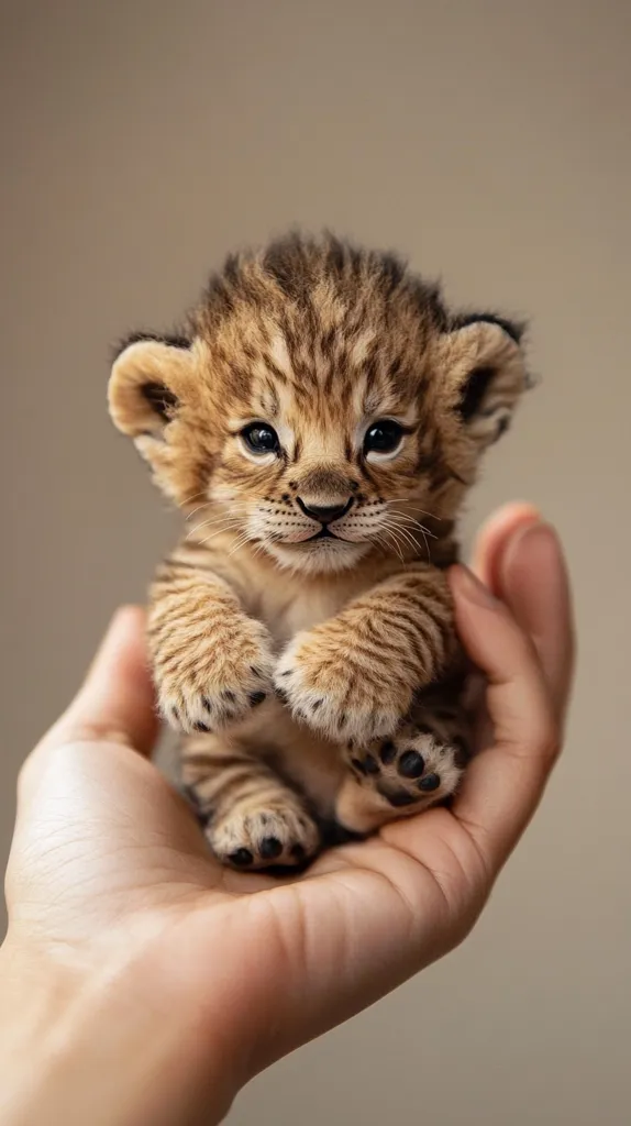 A tiny, adorable cub, possibly a lion or similar feline, rests gently in a human hand.  Its fur is a striking blend of light and dark brown, creating a striped pattern.  The cub's large, expressive eyes and small paws add to its endearing charm.  The neutral background emphasizes the cub's delicate features and the contrast between its soft fur and the human skin. The overall impression is one of overwhelming cuteness and vulnerability.