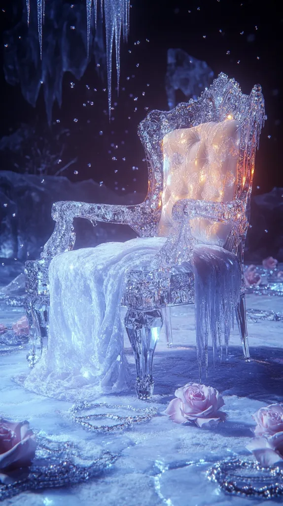 An ornate chair, seemingly crafted from ice, sits in a frozen landscape.  Icicles hang overhead, and a soft, warm light emanates from within the chair's icy frame.  A delicate, light blue velvet cloth drapes over the seat.  Scattered around the chair are glittering strands resembling necklaces and several pale pink roses, adding a touch of ethereal beauty to the scene. The overall atmosphere is magical and dreamlike, suggesting a frozen fairy tale.