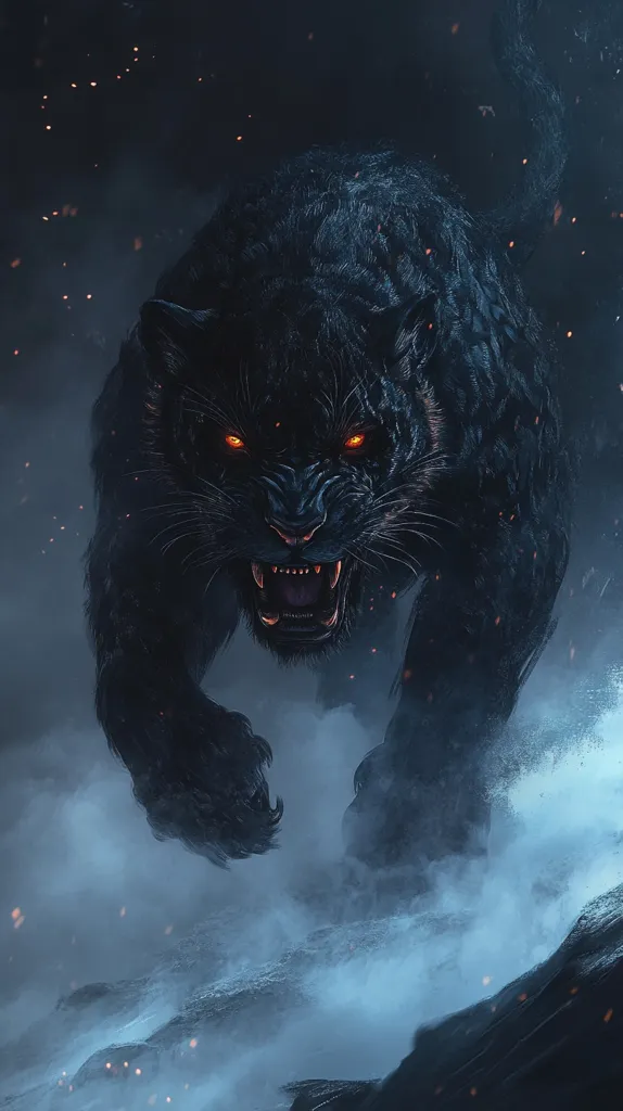 A menacing black panther, eyes glowing fiercely orange, dominates the image.  Its powerful form is captured mid-stride,  moving through a misty, dark landscape.  Sparks or embers float in the air, suggesting a fiery or magical element. The overall mood is one of intense power and impending threat, with the panther appearing both formidable and supernatural. The background is dark and atmospheric, emphasizing the panther's ominous presence.