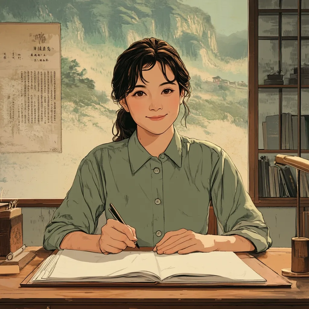 The illustration depicts a young woman with dark brown hair tied back, seated at a wooden desk in a sunlit room. She's wearing a muted green, button-down shirt and is meticulously writing in a large, open notebook with a pen.  The background features a scenic landscape painting of rolling hills and a tranquil body of water, and a wooden bookshelf filled with books.  The scene evokes a feeling of calm focus and intellectual pursuit. A document in a foreign language is visible on the wall.