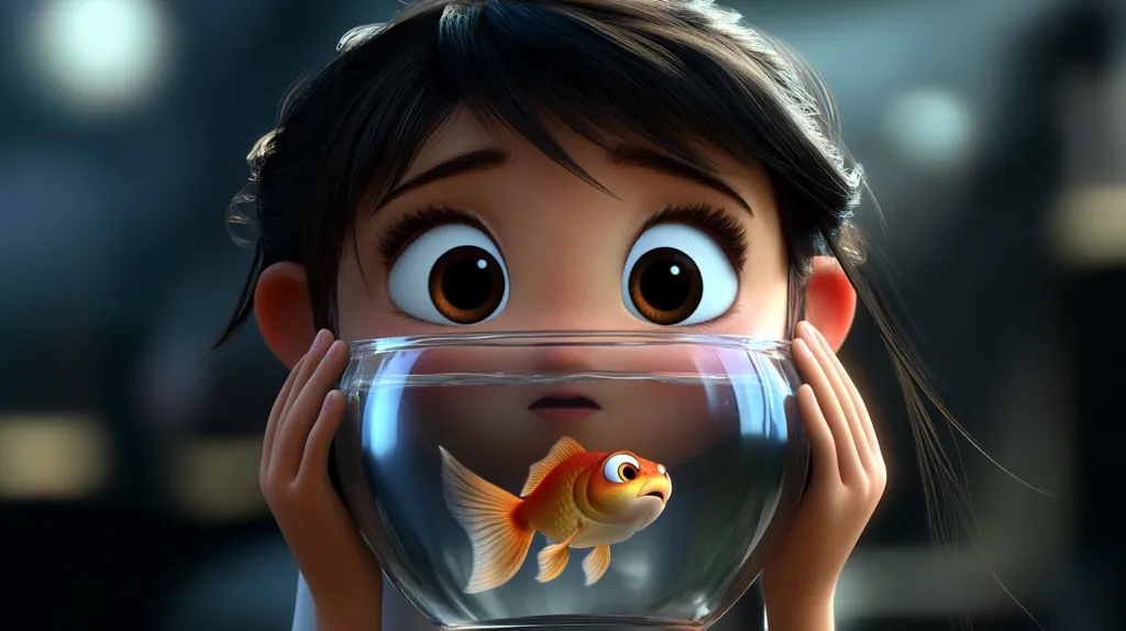 Here's a description of the image:

Close-up view of a stylized, animated young girl with large, expressive eyes. Her dark hair is pulled back from her face. She's gently holding a small, round fishbowl containing a single goldfish. The girl's expression is one of quiet contemplation or concern, mirroring the goldfish's seemingly pensive demeanor.  The background is blurred, drawing focus to the girl and her fish. The overall style is reminiscent of modern 3D animation, with a focus on realistic lighting and textures.