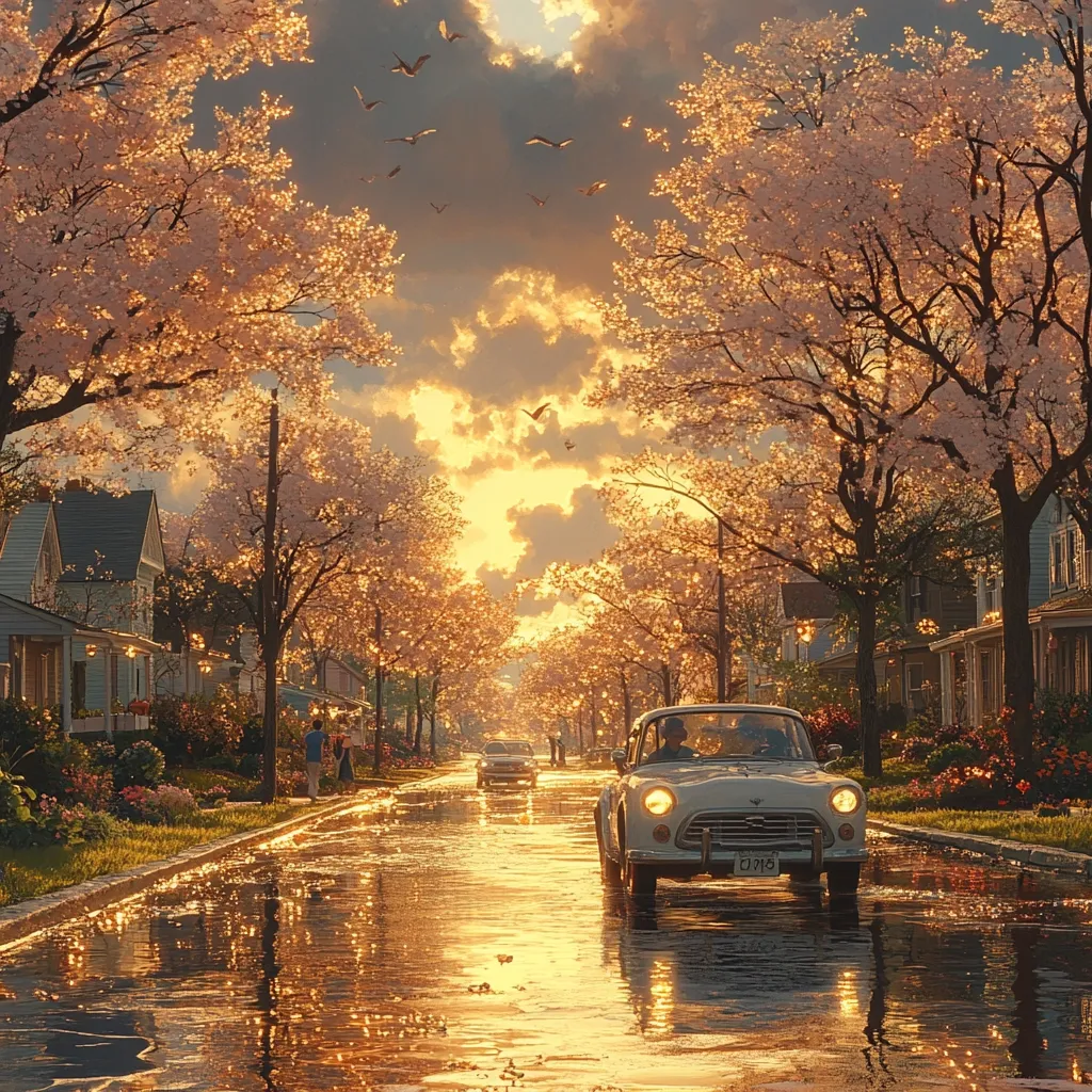 A picturesque street scene unfolds at sunset, where cherry blossom trees line a wet road reflecting the warm golden light. A classic car, carrying a couple, drives down the center, passing other vehicles and pedestrians strolling along the sidewalk.  Houses with charming architecture flank the street, creating a serene and nostalgic atmosphere. Birds fly overhead, adding to the peaceful ambiance of this idyllic moment. The overall tone is romantic and tranquil.