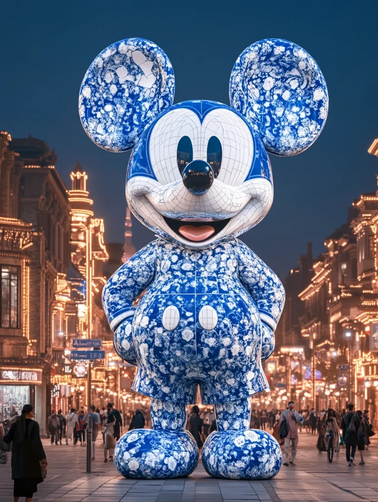 A large Mickey Mouse statue, adorned in a blue and white porcelain design reminiscent of Chinese blue and white pottery, stands majestically in a city square.  The statue's details are crisp, contrasting against the warm glow of the city lights at dusk.  People stroll past the iconic figure, creating a vibrant scene blending classic Disney character with an Eastern cultural aesthetic. The background features traditional-looking buildings, their windows reflecting the ambient lighting.