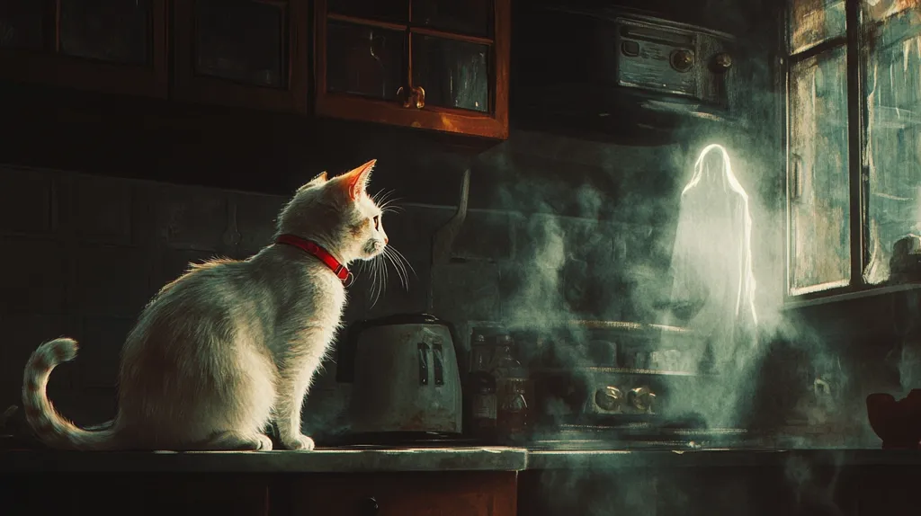 Here's a description of the image:

A white cat with a red collar sits on a dark kitchen counter, its gaze directed towards a translucent, ghostly figure emerging from steam near a window. The kitchen is dimly lit, with dark wood cabinets and a vintage-looking kettle adding to the mysterious ambiance. The ghost, appearing ethereal and slightly ominous, is shrouded in fog-like steam. The overall atmosphere is one of eerie quiet and subtle supernatural suggestion. The scene is rendered with a painterly, slightly desaturated style, adding to its dreamlike quality.