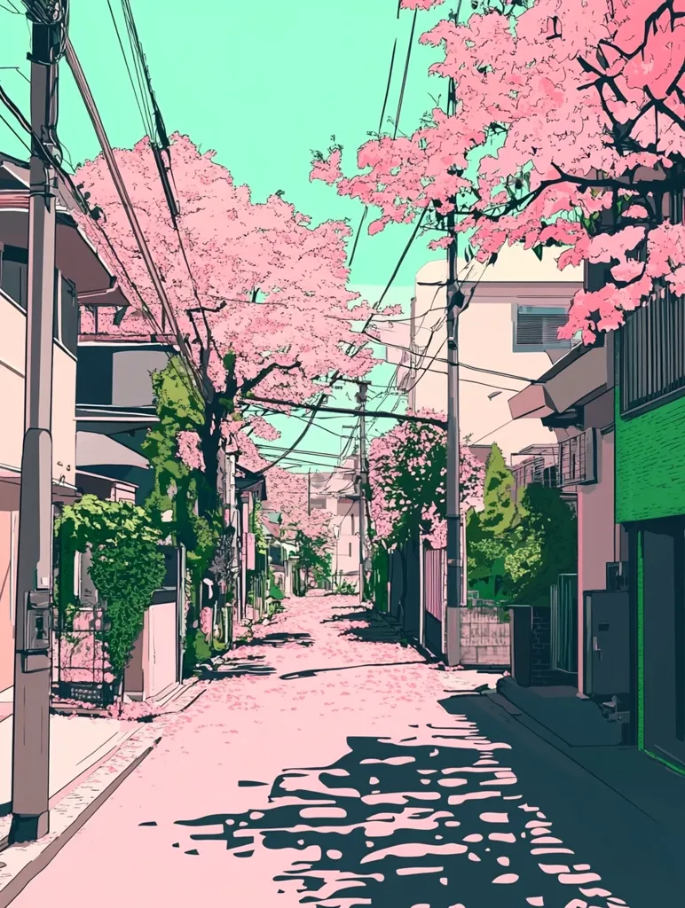 This illustration depicts a serene, narrow street lined with pastel-colored houses under a canopy of blossoming pink cherry trees.  The street is paved, with fallen petals scattered across the ground, creating a soft, pink hue.  Overhead power lines crisscross the scene.  The style is reminiscent of anime or manga, with a stylized, almost dreamlike quality to the colors and lines. The overall atmosphere is peaceful and idyllic.