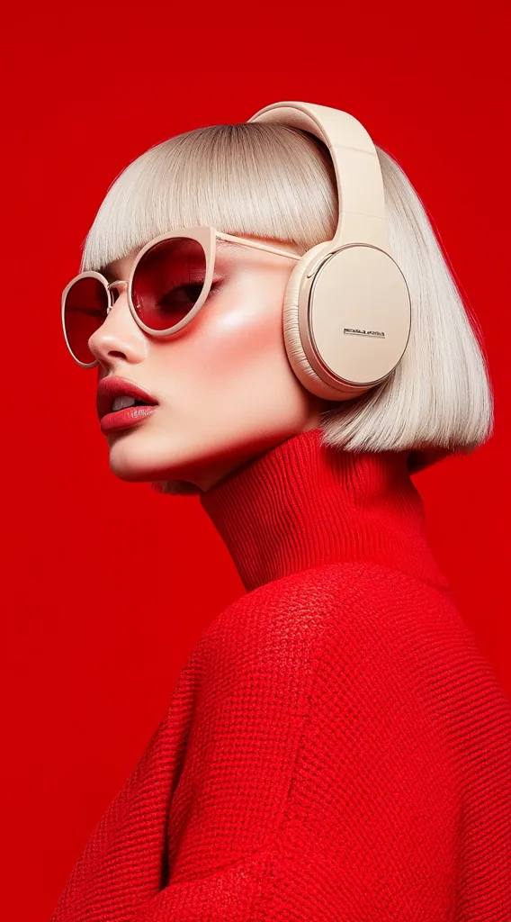 Here's a description of the image:

A stylish blonde woman with a blunt bob haircut is featured against a vibrant red backdrop. She wears oversized, reddish-pink sunglasses and beige over-ear headphones.  Her outfit consists of a textured, crimson turtleneck sweater. The image is sharply focused, highlighting the contrast between the model's pale skin and the bold red background and sweater. The overall aesthetic is one of modern fashion and sleek minimalism.