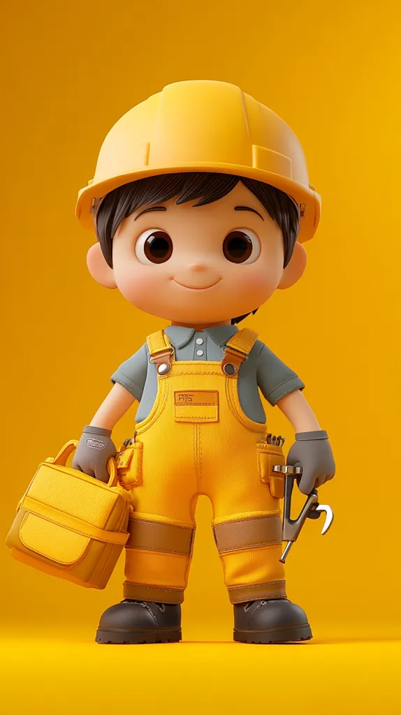 A cute, 3D-rendered cartoon character, a young boy, is depicted in construction worker attire. He wears a yellow hard hat, matching overalls with tool pockets, and dark boots.  He carries a yellow toolbox in one hand and a wrench in the other, standing confidently against a bright yellow background.  His large eyes and cheerful expression convey a sense of playfulness and readiness for work. The overall style is charming and child-friendly.