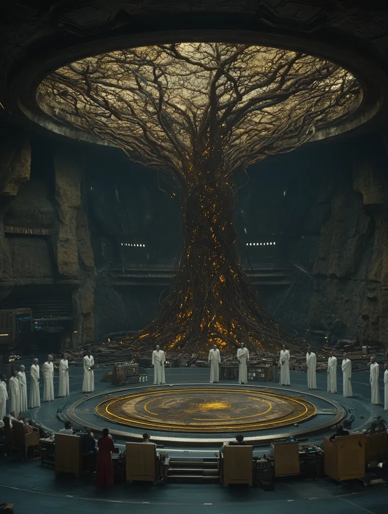 A large, cavernous chamber is dominated by a colossal, glowing tree that fills the ceiling and descends to the floor.  Its branches are intricate and dark, radiating a warm light from within.  Around its base, figures in white robes stand in a circle surrounding a circular platform, possibly a central meeting point.  Additional figures are seated in chairs surrounding the platform at a lower level.  The overall atmosphere is somber and awe-inspiring, suggesting a place of significant ritual or governance. The architecture appears to be both ancient and technological.