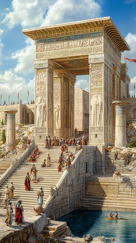 The painting depicts a grand, ornate gateway, possibly Egyptian in style, with intricate carvings and hieroglyphs adorning its massive stone structure.  People, dressed in flowing robes, ascend a wide staircase leading to the gateway, while others gather at the base.  The scene suggests a ceremonial or religious event.  A body of water stretches out beyond the gateway, with a small boat carrying two figures visible on the surface.  The setting is bathed in bright sunlight, with a clear sky and distant structures visible in the background. The overall impression is one of historical grandeur and solemnity.