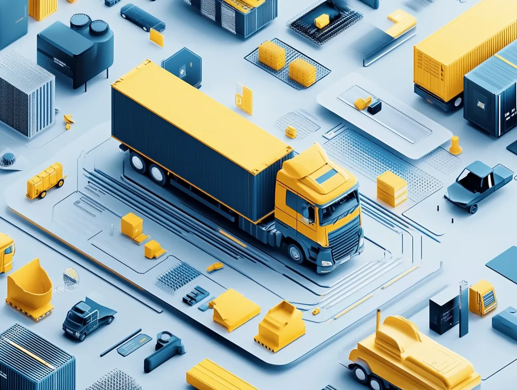 Here's a description of the image:

The image is a stylized, isometric rendering of a complex logistical network.  A central, yellow and dark-blue semi-truck dominates the scene, surrounded by a variety of miniature, similarly colored vehicles, containers, and industrial equipment.  These elements are arranged on a light-blue surface with lines suggesting a circuit board, implying digital connectivity and automation within the supply chain.  The overall aesthetic is clean and modern, highlighting the efficiency and intricate workings of modern logistics.