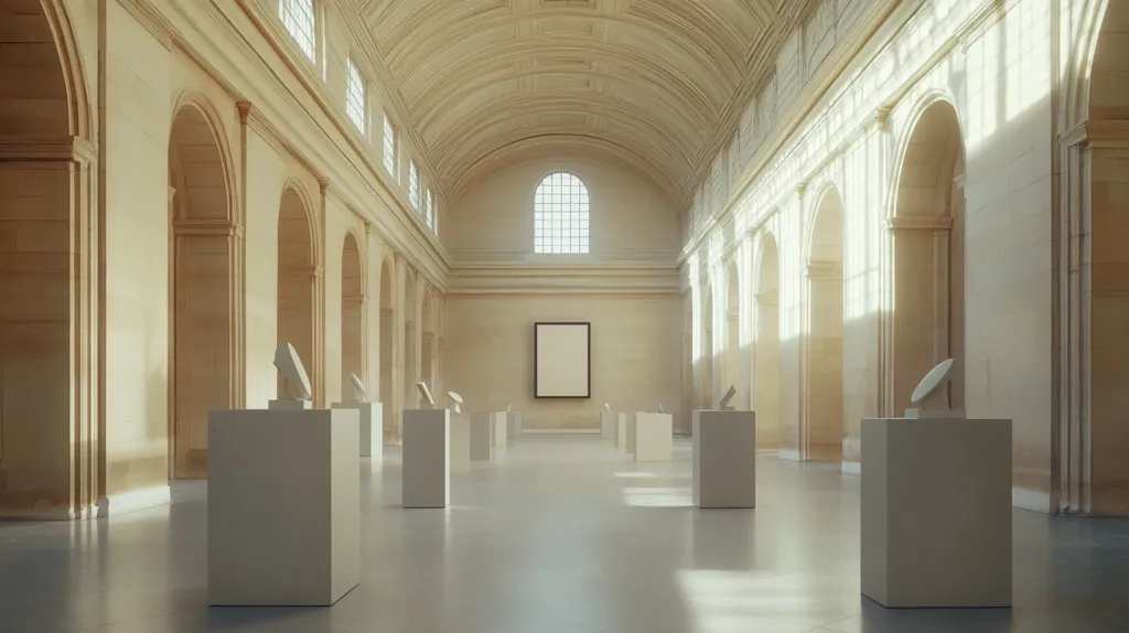 Sunlight streams into a long, high-ceilinged gallery with arched windows and pale stone walls.  Minimalist white pedestals display small sculptures along the central aisle.  A large, blank canvas hangs centrally on the far wall, acting as a focal point. The overall atmosphere is serene and spacious, characteristic of a modern art museum.  The architecture is classical, creating a stark contrast with the contemporary art display.