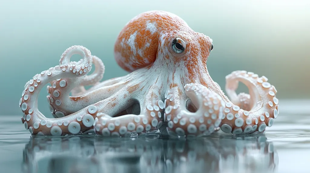 Here's a description of the image:

Close-up view of a small octopus, seemingly digitally rendered, with a predominantly white body and orange-tinged mantle.  Its suckers are clearly visible, and its arms are curled in a relaxed pose. The octopus rests on a smooth, reflective surface, possibly water, creating a mirror-like reflection. The background is a soft, out-of-focus teal, providing a tranquil setting that accentuates the octopus's details. The overall impression is one of serenity and visual appeal.
