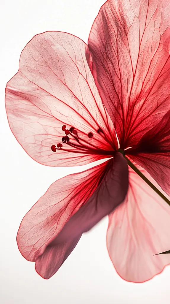 Here's a description of the image:

The close-up photograph showcases a single, delicate flower, its petals a translucent, reddish-pink hue.  The image is sharply focused, revealing the intricate vein structure within each petal, creating a nearly ethereal effect against a stark white background. The flower's reproductive parts are visible at its center, adding detail to the overall composition. The lighting emphasizes the translucence, making the petals appear almost as if they are illuminated from within. The style is minimalist, focusing on the flower's beauty and delicate structure.