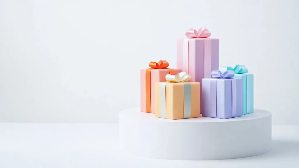 Four pastel-colored presents are arranged on a white circular pedestal against a white background.  The largest gift, a light pink box with a pink ribbon, sits at the back.  In front are a peach box with a cream ribbon, a lavender box with a light blue ribbon, and a smaller light blue box topped with a light blue ribbon. The scene is minimalist and evokes a feeling of calm and celebration.