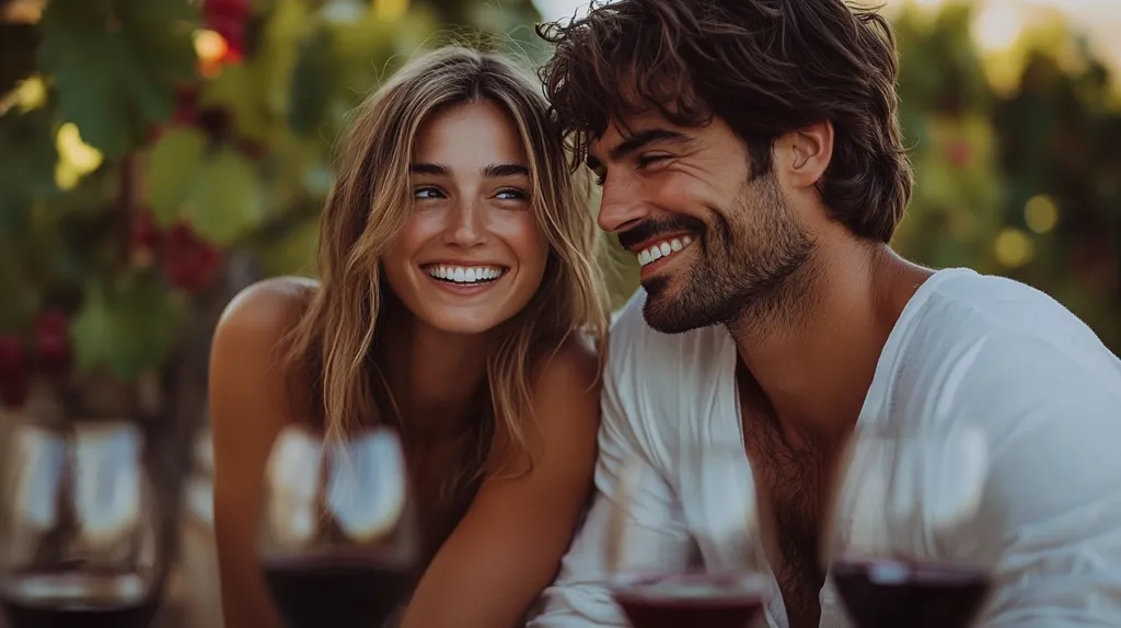 Here's a description of the image:

A close-up shot captures a young, attractive couple sharing an intimate moment outdoors.  The woman, with long, light brown hair, beams a radiant smile, her eyes sparkling with happiness. Her companion, a man with dark, wavy hair and a well-groomed beard, smiles back, their gazes locked in mutual affection.  Both are dressed casually, suggesting a relaxed, romantic setting.  Blurred wine glasses in the foreground hint at a shared drink, while the out-of-focus background suggests a vineyard or garden setting, bathed in warm, natural light. The overall mood is one of joy, intimacy, and connection.