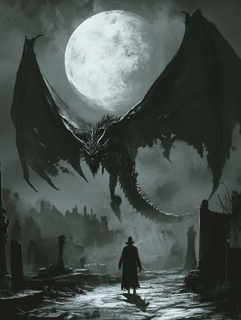 A large, dark dragon looms over a desolate graveyard under a full moon.  The dragon's immense wings fill most of the frame, its body partially obscured by fog. A lone figure, cloaked and hatted, walks away from the beast towards the ruined city in the background. The scene is rendered in monochrome, emphasizing the dark and foreboding atmosphere. The contrast between the dragon and the small human figure highlights the creature's dominance and the vulnerability of the individual.