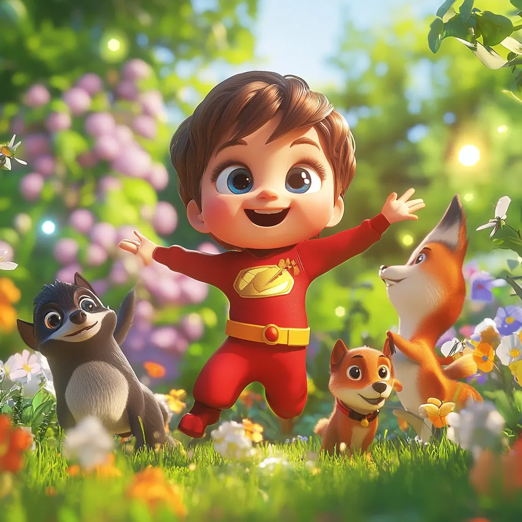 A joyful, 3D-rendered toddler in a red superhero suit leaps in a vibrant flower meadow.  He's surrounded by three adorable animated animals: a fox, a small dog, and a raccoon-like creature. All are playfully interacting, creating a whimsical and cheerful scene.  The background is a soft-focus blur of green foliage and blooming flowers, enhancing the overall feeling of lightheartedness and springtime. The image style is cartoonish but highly realistic in its rendering.