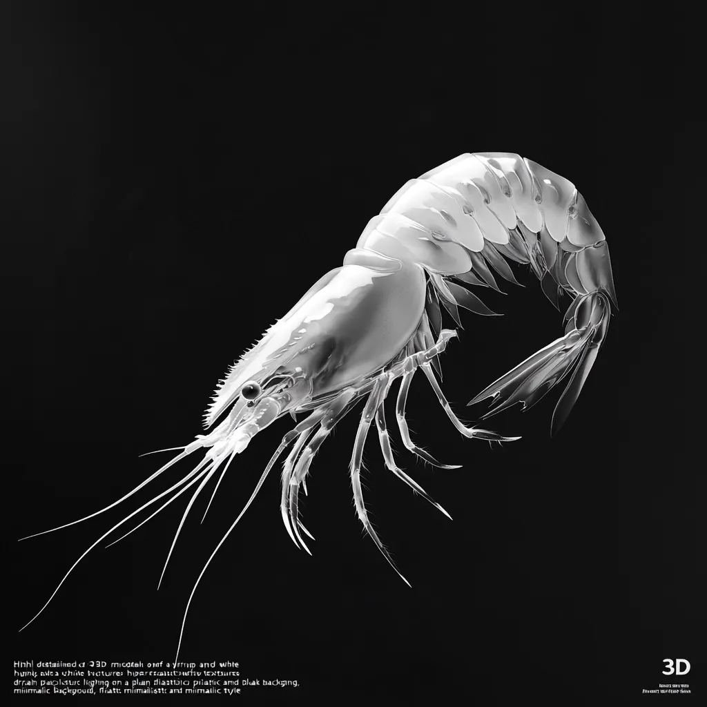 Here's a description of the image:

The image is a high-detail 3D model of a shrimp, rendered in grayscale.  The shrimp is presented in a high-contrast, almost x-ray-like style, with its translucent body and delicate legs clearly visible against a pure black background. The lighting is dramatic and minimalistic, highlighting the shrimp's form and texture. The overall aesthetic is clean, modern, and emphasizes the shrimp's anatomical details. A small caption at the bottom describes the image's technical aspects.