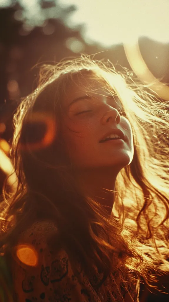 Bathed in golden sunlight, a young woman with long, flowing brown hair tilts her head back, eyes closed in peaceful bliss.  Her hair is windswept, creating a halo effect around her face.  The sun creates lens flares and a warm, hazy glow, enhancing the dreamy, ethereal quality of the image.  She wears a light-colored, patterned garment, barely visible beneath the radiant light. The overall mood is serene and evocative of freedom and summer.