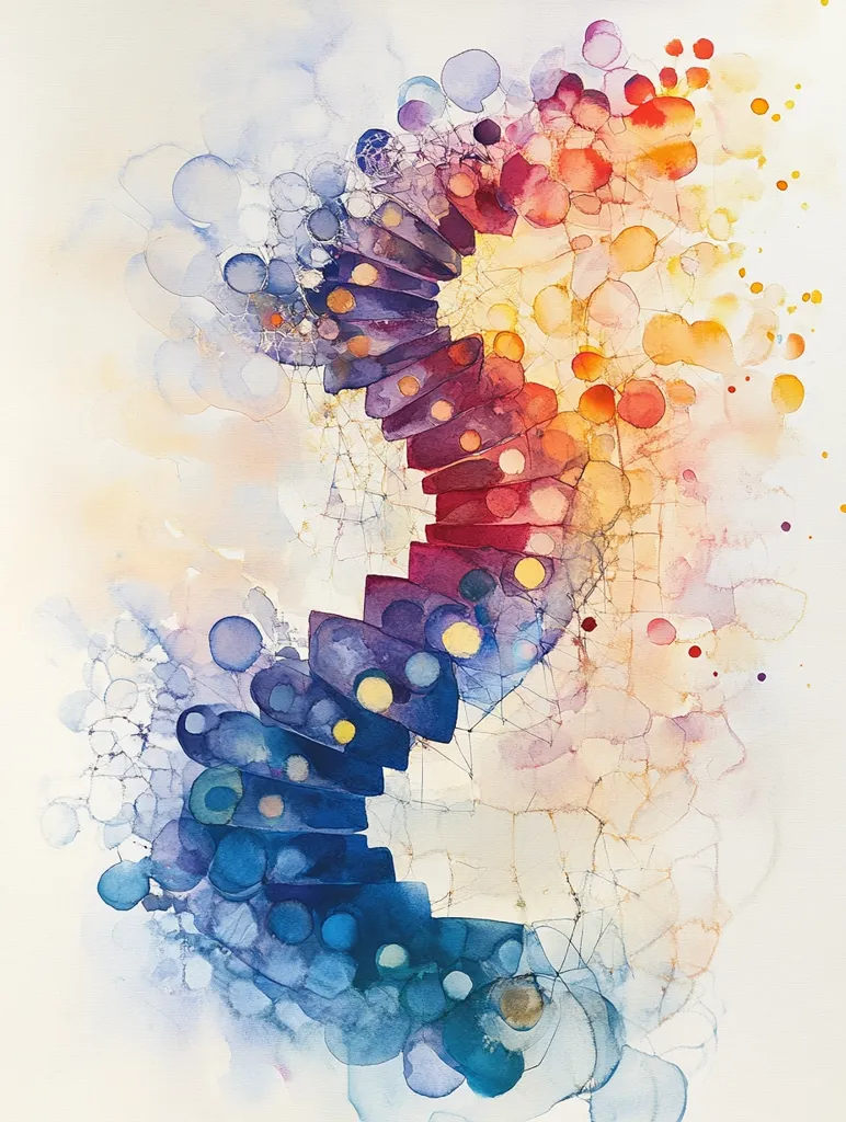 An abstract watercolor painting features a central form resembling a spiraling staircase.  The "steps" transition from cool blues and purples at the bottom to warm oranges and reds at the top.  The colors blend seamlessly, creating a vibrant gradient.  Surrounding this central form are delicate, translucent watercolor washes and scattered, organic shapes, suggesting a sense of movement and fluidity.  Fine lines connect elements, adding a subtle web-like structure to the composition.  The overall effect is ethereal and dreamlike.
