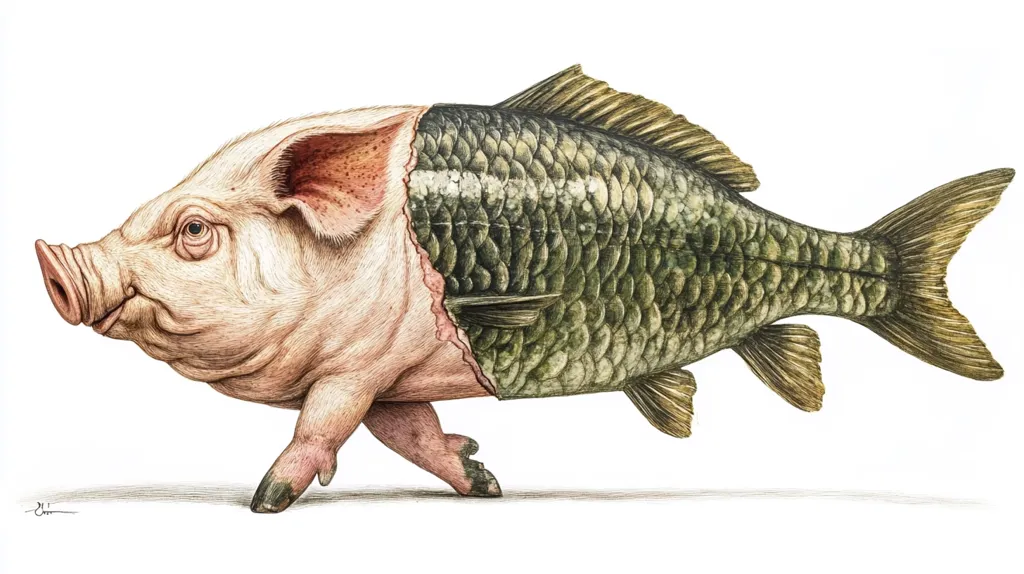 Here's a description of the image:

The illustration depicts a surreal creature, a hybrid of a pig and a fish.  The front half is a pig, realistically rendered with detailed skin texture and a slightly amused expression. Its legs are short and stout, ending in hooves. The rear half is a detailed carp, complete with scales, fins, and a lifelike color palette. The joining point between the pig and fish is raw, implying a surgical or unnatural fusion. The creature is depicted walking, its overall appearance both humorous and slightly unsettling. The background is plain white, emphasizing the chimeric subject.