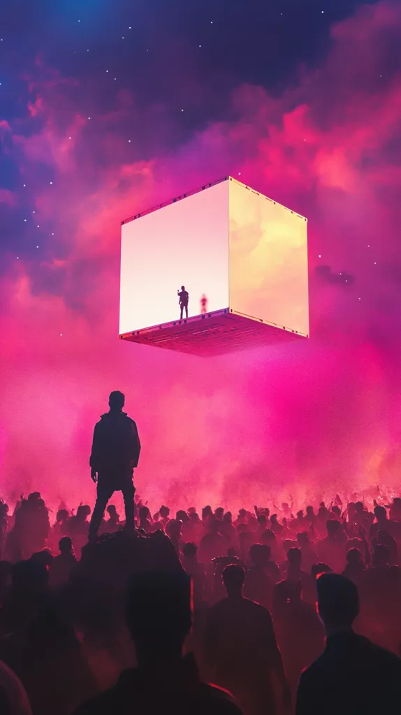 A large, illuminated cube floats in a vibrant pink and purple sky filled with clouds.  A single figure stands atop the cube, observing a large crowd below. Another individual stands in silhouette on the cube's surface. The crowd is dark, their forms indistinct against the bright, almost surreal, backdrop. The overall scene is atmospheric and evokes a sense of mystery and isolation amidst a large gathering. The image’s style is digital art, possibly surreal or science fiction.