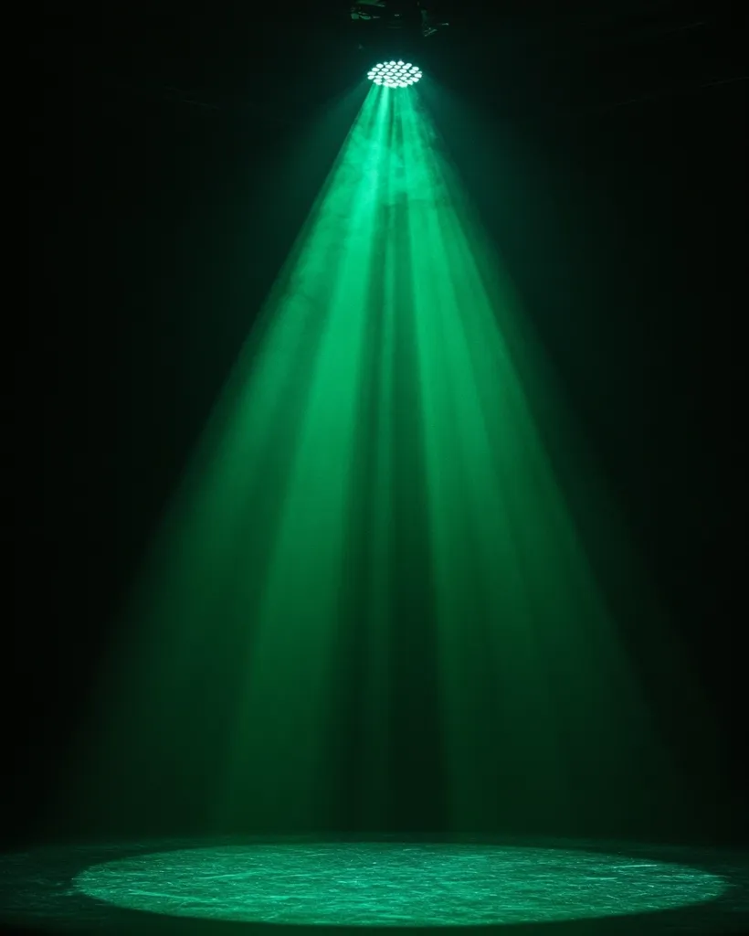 A single spotlight, emitting a vibrant green beam, illuminates a dark stage.  The light is diffused by smoke or haze, creating dramatic rays that converge on a circular area on the floor. The overall effect is mysterious and theatrical, ideal for a performance or presentation.  The darkness surrounding the green light intensifies its impact and creates a powerful visual contrast.