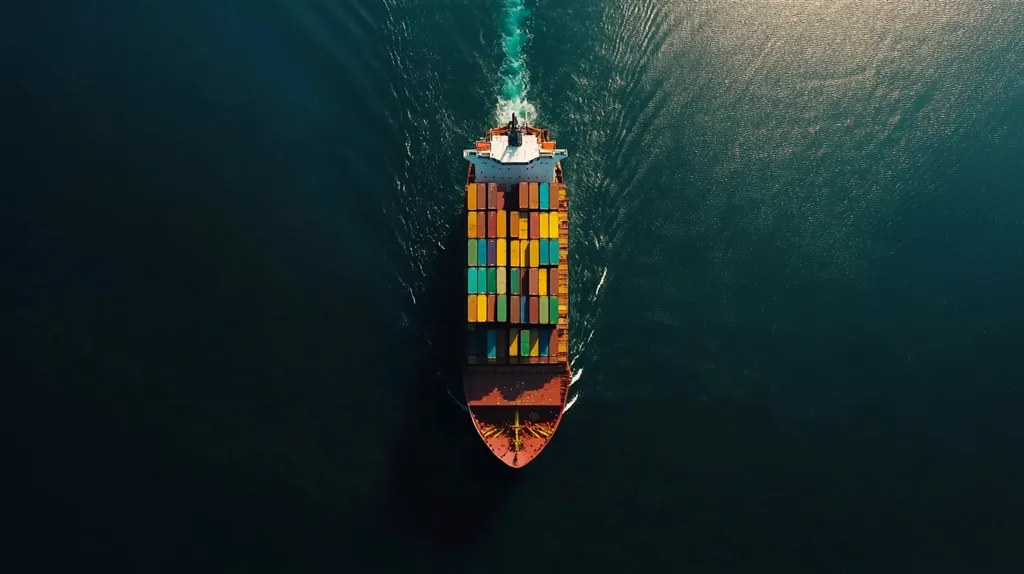 Here's a description of the image:

An aerial, top-down view captures a large container ship sailing across a dark teal ocean.  The ship's hull is reddish-brown, and its deck is densely packed with vibrantly colored shipping containers in various shades of orange, yellow, green, and blue. A white section at the ship's bow contrasts with the rest of the vessel.  A small wake trails behind the ship, indicating its movement. The overall image is stark, with a deep, rich color palette emphasizing the ship against the vast expanse of the sea.