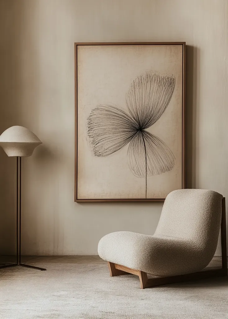 A minimalist interior features a beige, low-slung armchair with wooden legs, positioned before a large, framed artwork.  The artwork depicts a stylized, delicate, black line drawing of a flower or plant on a creamy background.  A simple, modern floor lamp with a shallow, saucer-shaped shade stands to the left.  The overall aesthetic is calm, neutral, and sophisticated. The room is carpeted in a light beige rug.