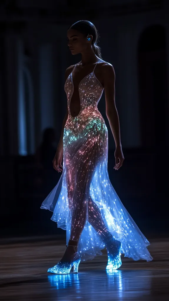 A model gracefully walks a runway in a breathtaking, floor-length gown. The dress, a masterpiece of fiber optics, radiates a mesmerizing array of soft, pastel hues – blues, greens, and purples – creating a celestial effect.  The sheer fabric flows elegantly around her, and matching light-up heels complete the futuristic, ethereal look. The dark background enhances the dress's luminescence, making it the undeniable focal point. The overall impression is one of otherworldly beauty and high fashion innovation.