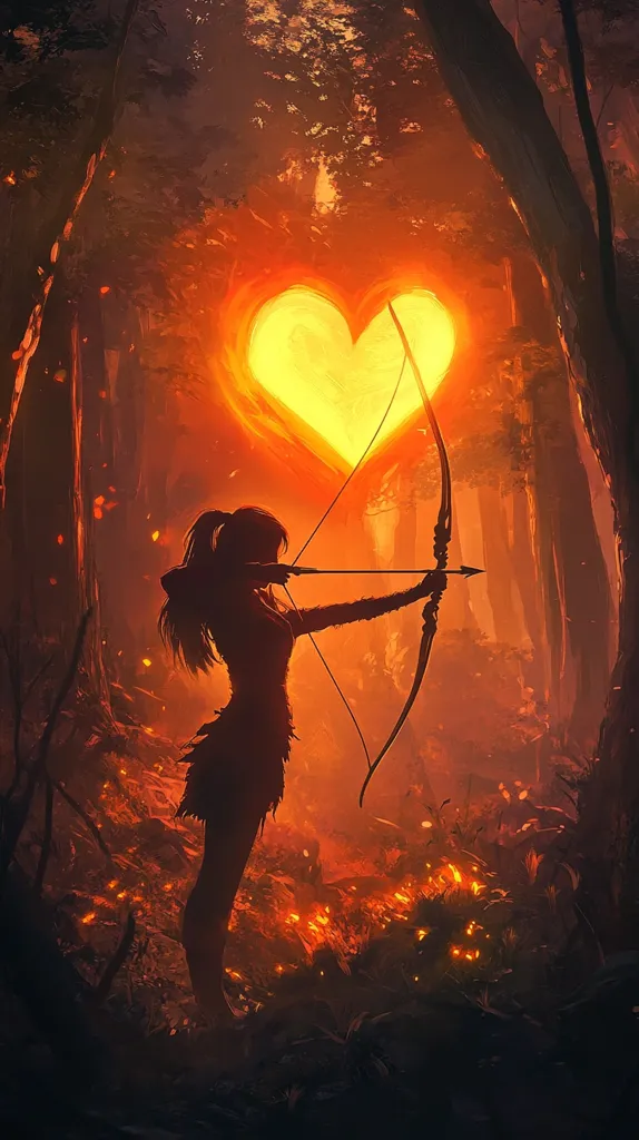 Here's a description of the image:

The artwork depicts a silhouetted female archer, poised with a bow and arrow, set against a fiery, heart-shaped backdrop within a dark forest.  The heart, luminous and orange-yellow, dominates the center, its glow illuminating the archer and surrounding embers on the forest floor. The trees are tall and slender, their silhouettes dark against the fiery heart. The overall mood is dramatic, combining elements of romance and action, with a strong emphasis on contrasting light and shadow. The archer's stance suggests focus and determination, potentially hinting at a quest or a symbolic act of love.