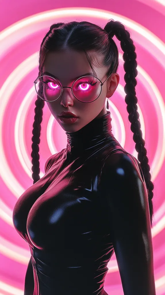 Here's a description of the image:

The image showcases a stylized female figure, possibly a digital rendering or illustration, with dark hair styled in pigtails. She wears round, dark-framed glasses with glowing pink accents inside the lenses, adding a futuristic or cyberpunk aesthetic. Her attire consists of a form-fitting, black, leather-like bodysuit with a high neck. The backdrop is a vibrant, swirling pattern of concentric pink circles, suggesting a neon or light-based setting. The overall mood is sleek, futuristic, and slightly sensual due to the figure’s pose and clothing.