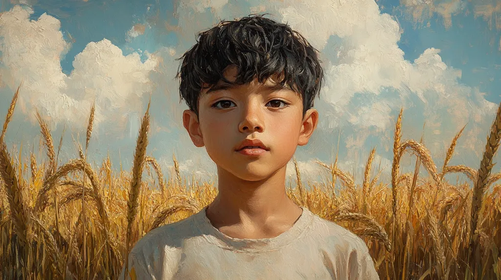 The painting depicts a young boy with short, dark hair, standing in a field of golden wheat under a partly cloudy sky.  His expression is serious and contemplative. The boy is wearing a simple, light-colored shirt.  The style is realistic, with a focus on capturing the texture of both the boy's skin and the wheat stalks. The overall mood is serene and slightly melancholic. The contrast between the boy's dark hair and the bright wheat creates a visually striking image.